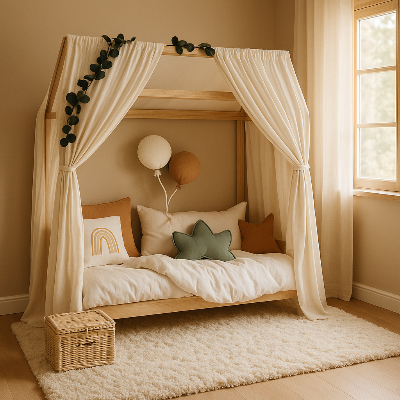 Suspendu au-dessus du lit, le ciel de lit cabane blanc cassé flotte comme un nuage transformant l'espace en un cocon de rêve et de sérénité