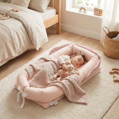 Une fillette fait la sieste paisiblement dans la chambre de ses parents, installée dans son réducteur de lit bébé DreamyPood™ rose, son doudou serré dans les bras, le tout posé sur le tapis.