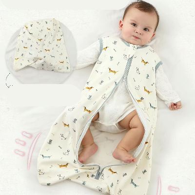 Un bébé est allongé sur un lit, portant une gigoteuse sans manches à motifs de teckels.