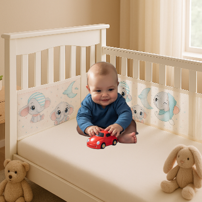 Un bébé assis dans un lit à barreaux joue avec une petite voiture rouge, entouré d’un tour de lit respirant illustré de mignons éléphanteaux et de peluches posées dans la chambre.