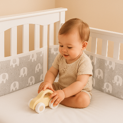 Un bébé assis dans son lit joue calmement avec une petite voiture en bois, entouré d’un tour de lit respirant gris à motifs d’éléphants.