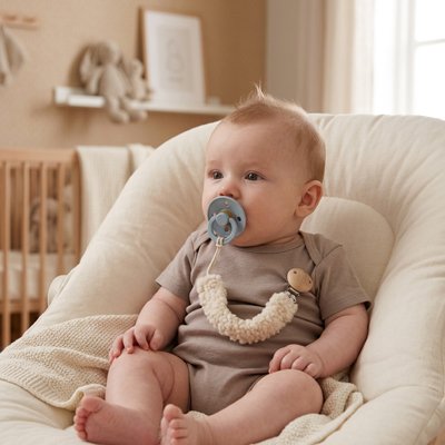Un bébé assis sur une chaise a sa tétine en bouche, fixée à son body à l'aide d'un attache sucette KindClip-M™