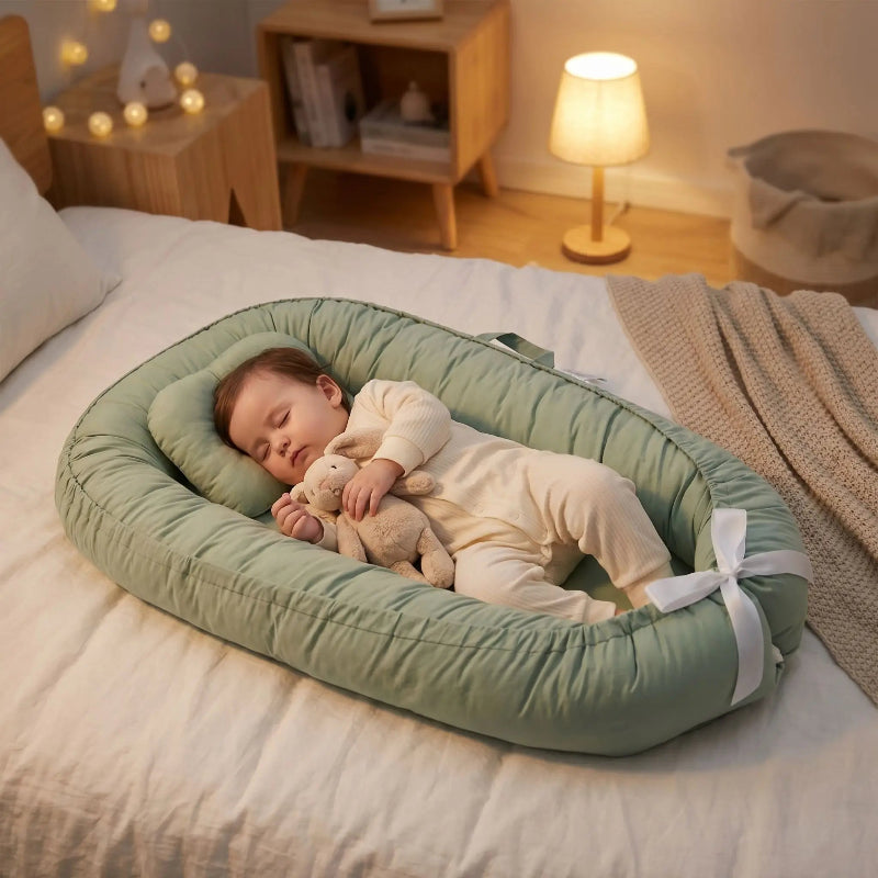 Le bébé dort dans son reducteur de lit bebe SlaapNestje™ vert , serrant son doudou entre ses bras.