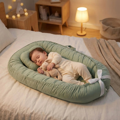 Le bébé dort dans son reducteur de lit bebe SlaapNestje™ vert , serrant son doudou entre ses bras.