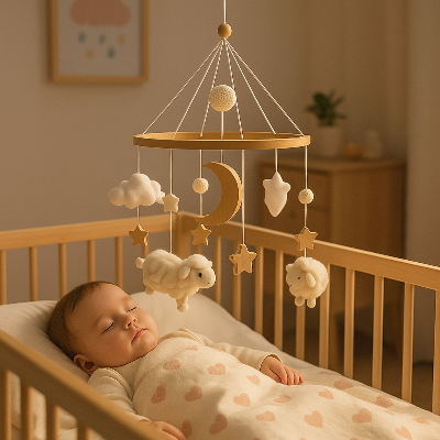 Bébé dort paisiblement dans son lit mobile bébé
