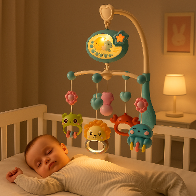 Bébé dort paisiblement dans son lit mobile musical bébé