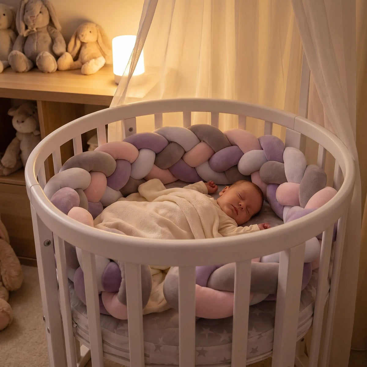 bébé dort paisiblement dans son lit rond, entouré de son tour de lit tresse neolia