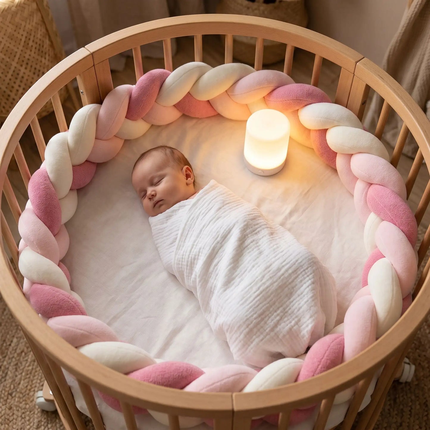 bébé dort paisiblement dans son lit rond, entouré de sa tresse tour de lit rose et blanc rosea 