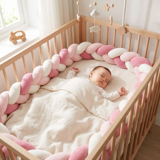  bébé endormi dans son lit, entouré de sa tresse tour de lit rose et blanc rosea 