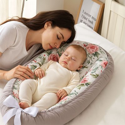 Bébé endormi dans son réducteur de lit bébé sa maman sur le côté