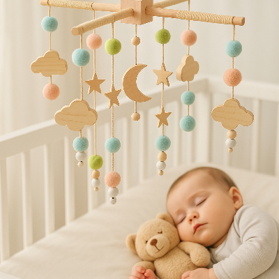 Bébé endormi paisiblement dans son lit avec le doudou, mobile musique bébé
