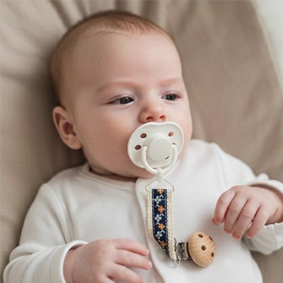 Un bébé est allongé dans son lit , avec son attache tetines bleu foncé motif fleurs