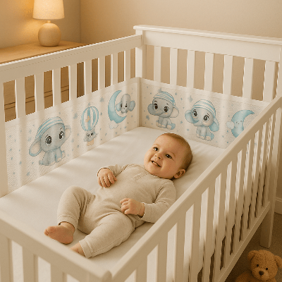 Un bébé est allongé dans son lit, entouré d’un tour de lit respirant illustré de mignons éléphanteaux.