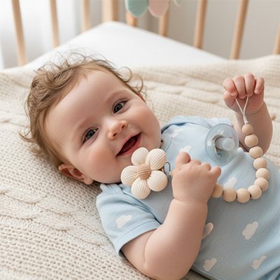 Un bébé est allongé dans son lit, tenant dans ses mains son attaché tetine beige naturel