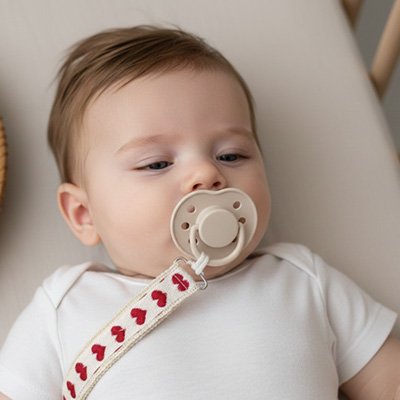 Un bébé est allongé sur le lit , avec son attache tetines blanc à motifs de cœurs