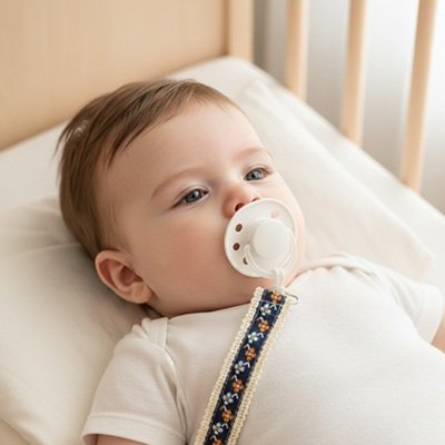 Un bébé est allongé sur le lit , avec son attache tetines bleu foncé motif fleurs