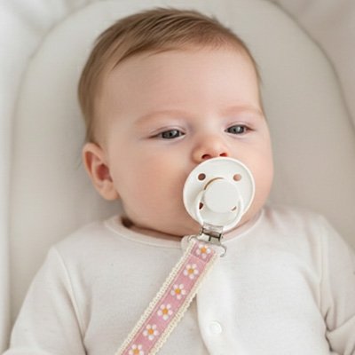 Un bébé est allongé sur le lit , avec son attache tetines rose motif fleur de marguerite