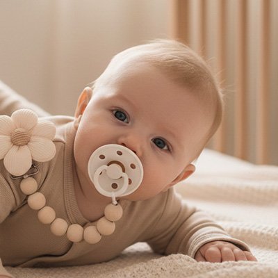Un bébé est allongé sur le ventre, avec son attaché tetine beige naturel dans la bouche.