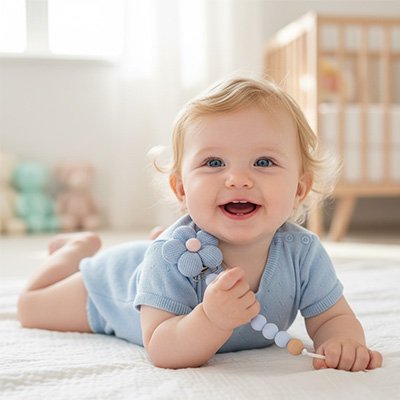 Un bébé est sur le ventre, tenant son attaché tetine floral bleu pastel avec un grand sourire