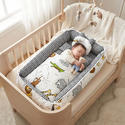 bébé fait sa sieste, son doudou entre ses bras, dans son réducteur de lit pour bébé InfantSleep™ au design savane
