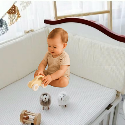 Un bébé joue dans un lit bébé entoure d'un tour de lit gaufre beige avec de petits jouets en bois dont deux moutons poses devant lui.