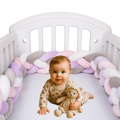Un bébé souriant est allongé dans un lit bébé blanc entouré d'un tour de lit tresse aux teintes pastel rose, blanc, gris et lilas, tenant tendrement son doudou
