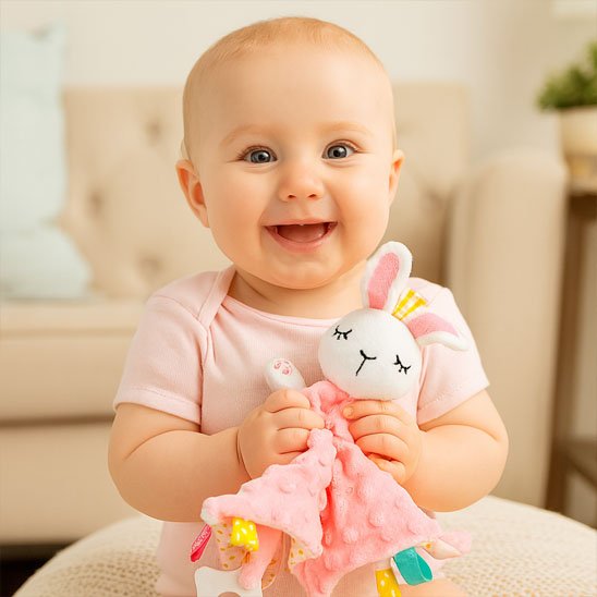 Bébé souriant dans ses mains son doudou bébé lapin