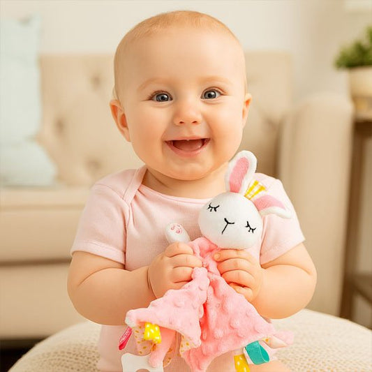 Bébé souriant dans ses mains son doudou bébé lapin