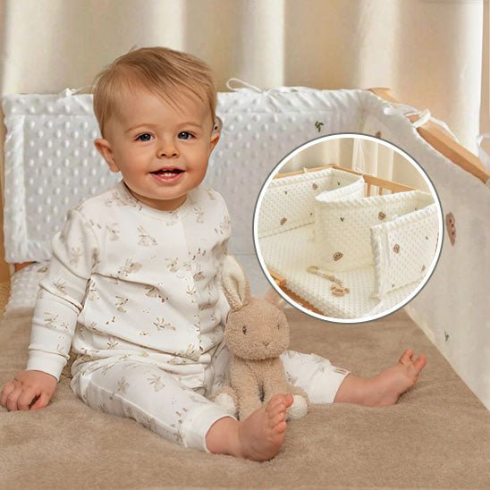 Le bébé sourit dans son lit, son doudou lapin entre les jambes, entouré d’un tour de lit bébé blanc aux têtes d’oursons, dans un cocon protecteur