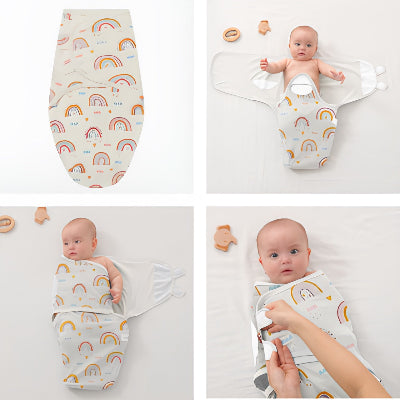 Les différentes étapes pour emmailloter un bébé confortablement et en toute sécurité à l’aide d’une turbulette à motifs arc-en-ciel