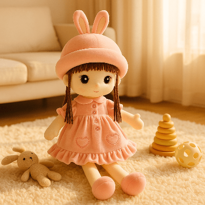 doudou bébé lili assit sur le tapis au milieu des jouets