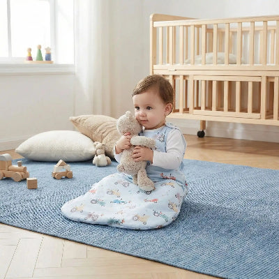 Un enfant est assis dans sa chambre avec son doudou, habillé d’une turbulette hiver bleu ciel décorée de tracteurs et d’animaux colorés