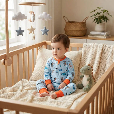 Un enfant, assis dans son lit avec son doudou dino, porte une gigoteuse à pieds  blue décorée de motifs de dinosaures.