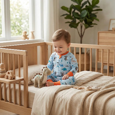 Un enfant assis dans son lit avec son doudou dinosaure, portant une gigoteuse bleue à pieds aux motifs de dinosaures