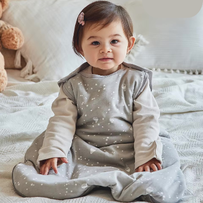 Un enfant assis sur le lit, dans une gigoteuse grise aux motifs d'étoiles et montgolfières 