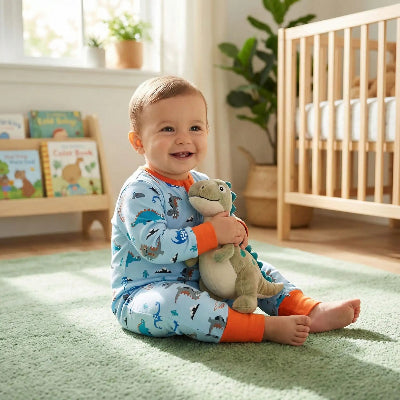 Un enfant assis sur le tapis avec son doudou dino, portant une gigoteuse blue à pieds à motifs dinosaures.