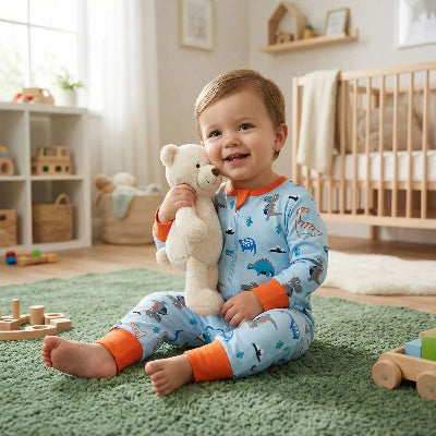 Un enfant, assis sur le tapis avec son doudou, porte une gigoteuse bleue à pieds décorée de motifs de dinosaures.