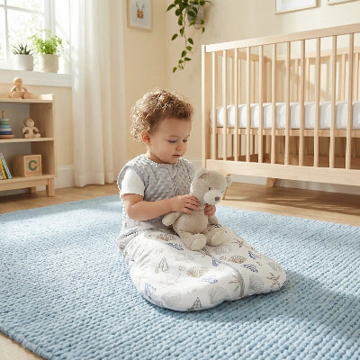 Un enfant est assis sur le tapis, joue avec son doudou et porte une gigoteuse hiver bebe à motif coquillages et étoiles de mer