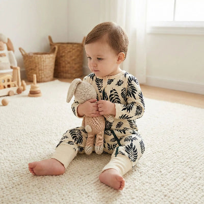 Un enfant est assis sur le tapis, tenant son doudou, et porte une gigoteuse à pieds couleur crème ornée de fines feuilles noires