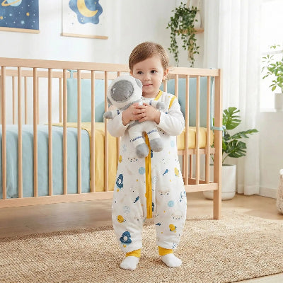 Un enfant est debout dans sa chambre, doudou à la main, habillé d’une gigoteuse à pieds blanche décorée sur le thème Rêve d’aviation 
