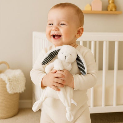 Enfant début avec le sourire son doudou lapin flocon ses mains