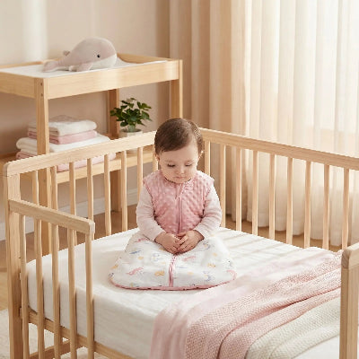 Un enfant est assis sur son lit, portant une gigoteuse bebe hiver rose et blanche décorée du motif  Monde sous-marin 