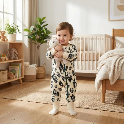 Un enfant se tient debout dans sa chambre, portant une gigoteuse à pieds couleur crème décorée de fines feuilles noires