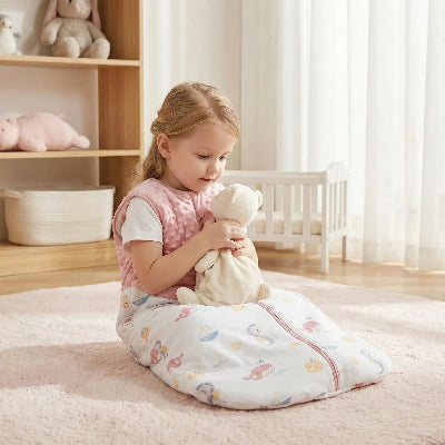 Une fillette assis sur le tapis joue avec son doudou, dans une gigoteuse bebe hiver rose et blanche Monde sous-marin
