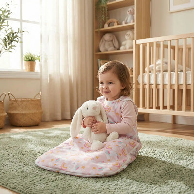Une fillette est assise sur le tapis, son doudou lapin à la main, habillée d’une gigoteuse bebe hiver rose aux motifs de licornes et d’arcs-en-ciel
