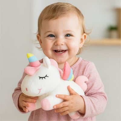 fillette avec un grand sourire aux lèvres, tient son doudou dans ses bras.