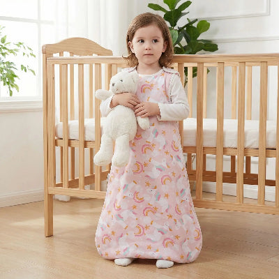 Une fillette debout devant le lit, doudou à la main, porte une gigoteuse bebe hiver rose à motifs licornes et arcs-en-ciel.