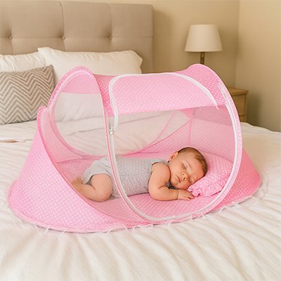 fillette endormie dans le lit moustiquaire bébé