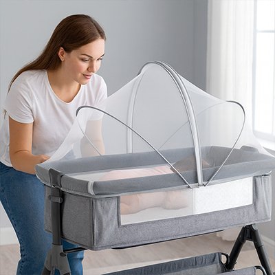 fillette endormie dans son lit sa maman l'observe moustiquaire lit bébé