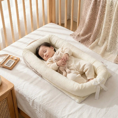  Une fillette endormie paisiblement dans son réducteur de lit bébé DreamyPood™ beige, son doudou dans les bras, au creux de son lit.